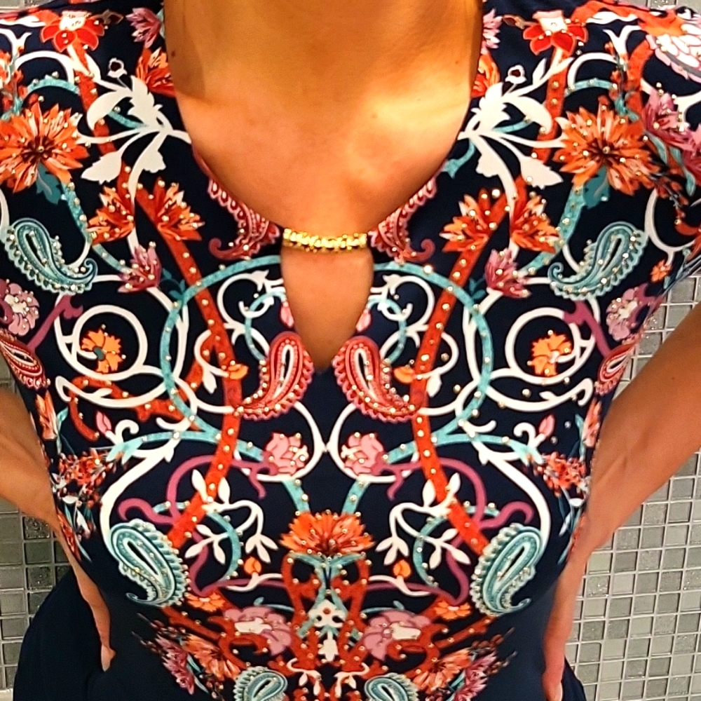 JMCollection NavyFloral Paisley Tunic Sparkle 3/4 Sleeve M LIKE NEW!